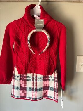 Tahari Girls Red Cable-Knit Sweater with Plaid Skirt and matching Headband
